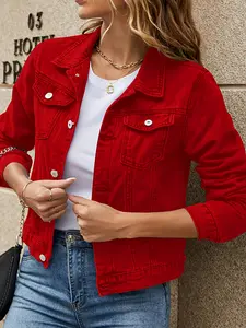 Women's Fashion Trendy Turn- Collar Pocket Single-Breasted Short Solid Color Casual Denim Jacket