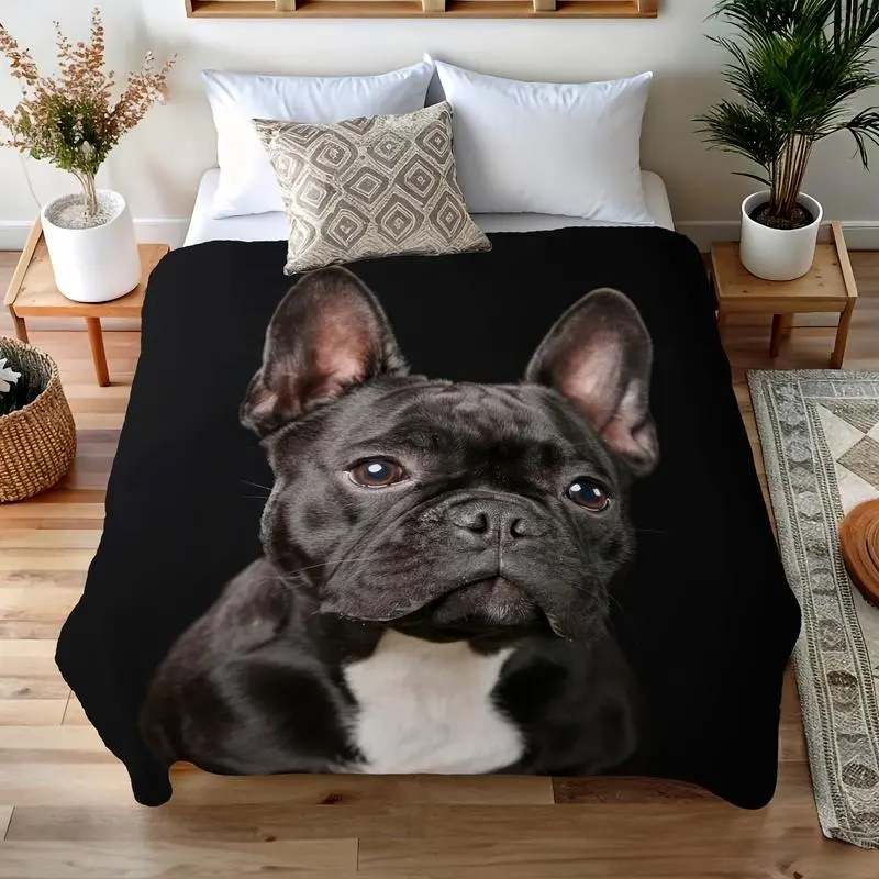 French Bulldog Print Flannel Throw Blanket, Soft Warm Reversible Woven Polyester, Breathable Machine-Washable All-Season Pet Lover's Gift for Couch, Bed, Machine Wash, Adult