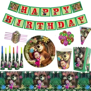 Masha & The Bear Party Theme Masha & The Bear Children's Birthday Party Flag Paper Plate Paper Cup