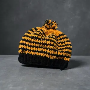 Handmade Custom Cross Stitch Beanie With Pom Pom - Yellow and Black Striped Knit Hat for Winter. Fully Customizable By Size Group and Colors