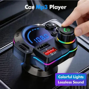 In-car Bluetooth MP3 Player with Hands-Free Calling Car FM Transmitter Super-fast Charging Dual USB Ports Adjustable Mood Lights 1-Touch Hands-Free HiFi Music Playback, Car Accessories, Bluetooth Car Adapter