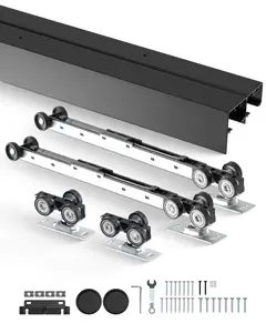 8 Foot Bypass Closet Door Track Kit For Two Door System In Black, Heavy Duty Sliding Door Hardware With Top Guide Rails, Bottom Guide Wheel And Roller Assembly, Includes Screws For Quick Install And Smooth Operation