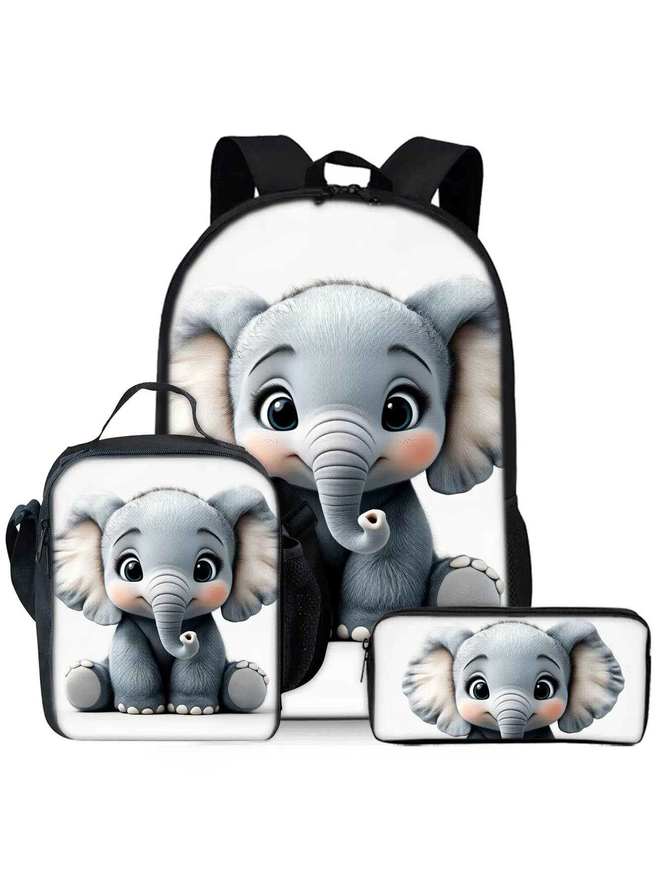 Cute elephant print backpack three piece set lunch bag pencil case backpack