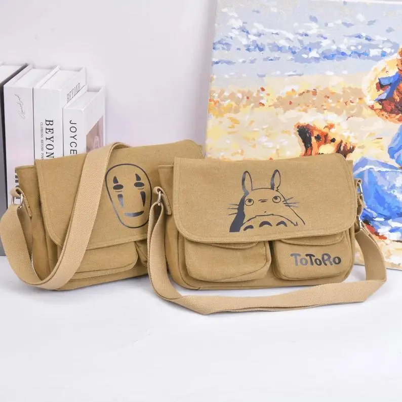 Khaki Cartoon Pattern Canvas Satchel Bag, Japanese Handbag,Birthday/Back to School Gift