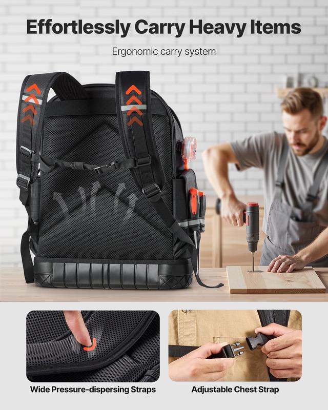 Tool Backpack with 64 Pockets, Tear-Resistant Construction, Heavy-Duty Jobsite Organizer for Electricians and Tradespeople, Portable Tool Storage Bag with Padded Straps, Waterproof Fabric, Reinforced Handle, and Compartments