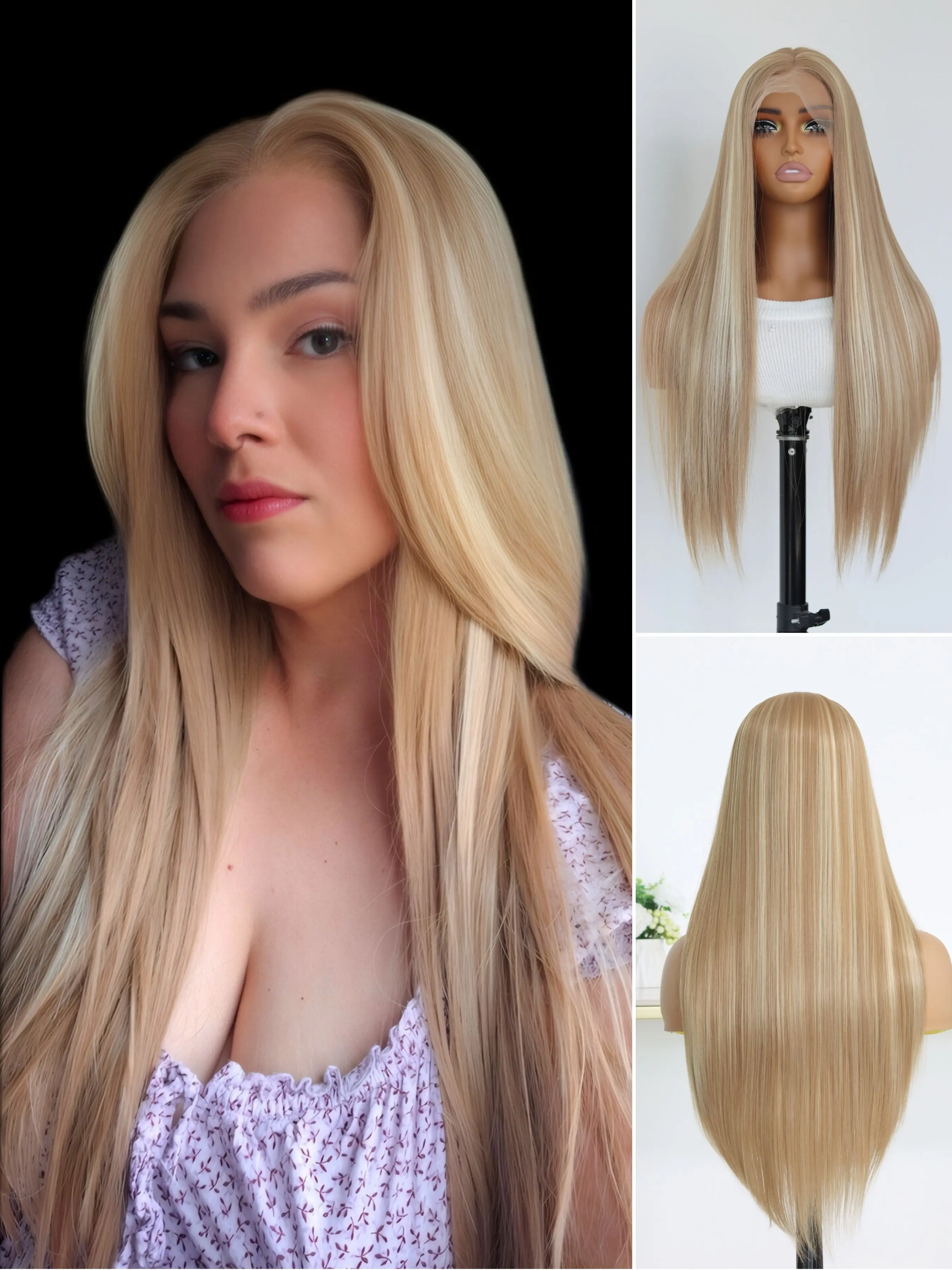 Highlight Blonde Brown Piano Color Wigs Long Straight Soft Synthetic Hair Pieces Heat Resistant Wigs with Natural Hairline 613# 13x4 for Women Christmas Concerts and Dating Use Synthetic Material Wigs (28 Inch)