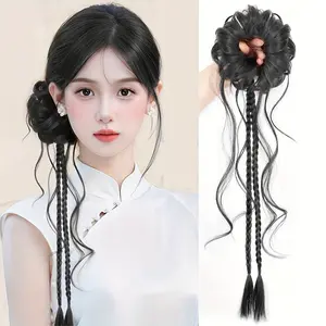 Traditional Chinese Hanfu Wig, Ancient Style Side-Bound Dragon Beard Bun, Twisted Braids and Wavy Ponytail, Qipao Hair Accessory, Cultural Events
