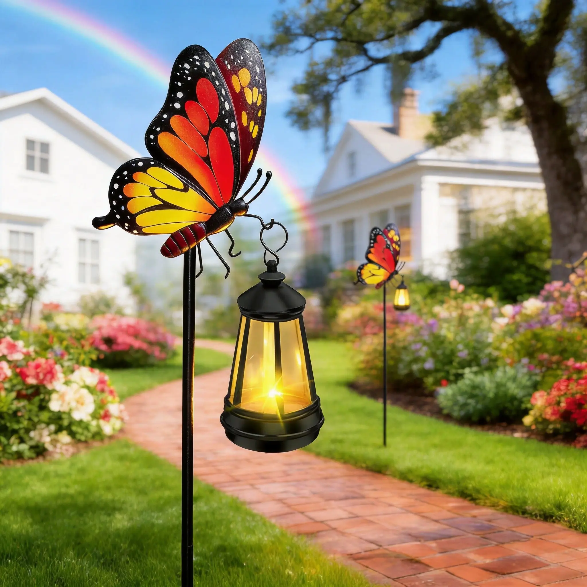 2-Piece Solar Butterfly Lantern Light Set Package - IP66 Waterproof Outdoor Garden Decor, Halloween Aesthetic Lamp for Courtyard, Trail, Holiday & Birthday Gifts for Grandma