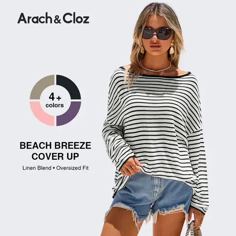 Arach&Cloz Women's Oversized Linen Blend Beach VacationCover Up Summer Casual Off Shoulder Tops 2026