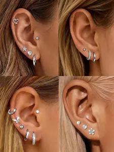 12 Pairs Small Gold Stud Earrings Set for Women 20G Gold Silver Plated Hypoallergenic Surgical Steel CZ Huggie Hoops Earrings Flower Heart Butterefly Star Ball Stacks Cartilage Helix Earring