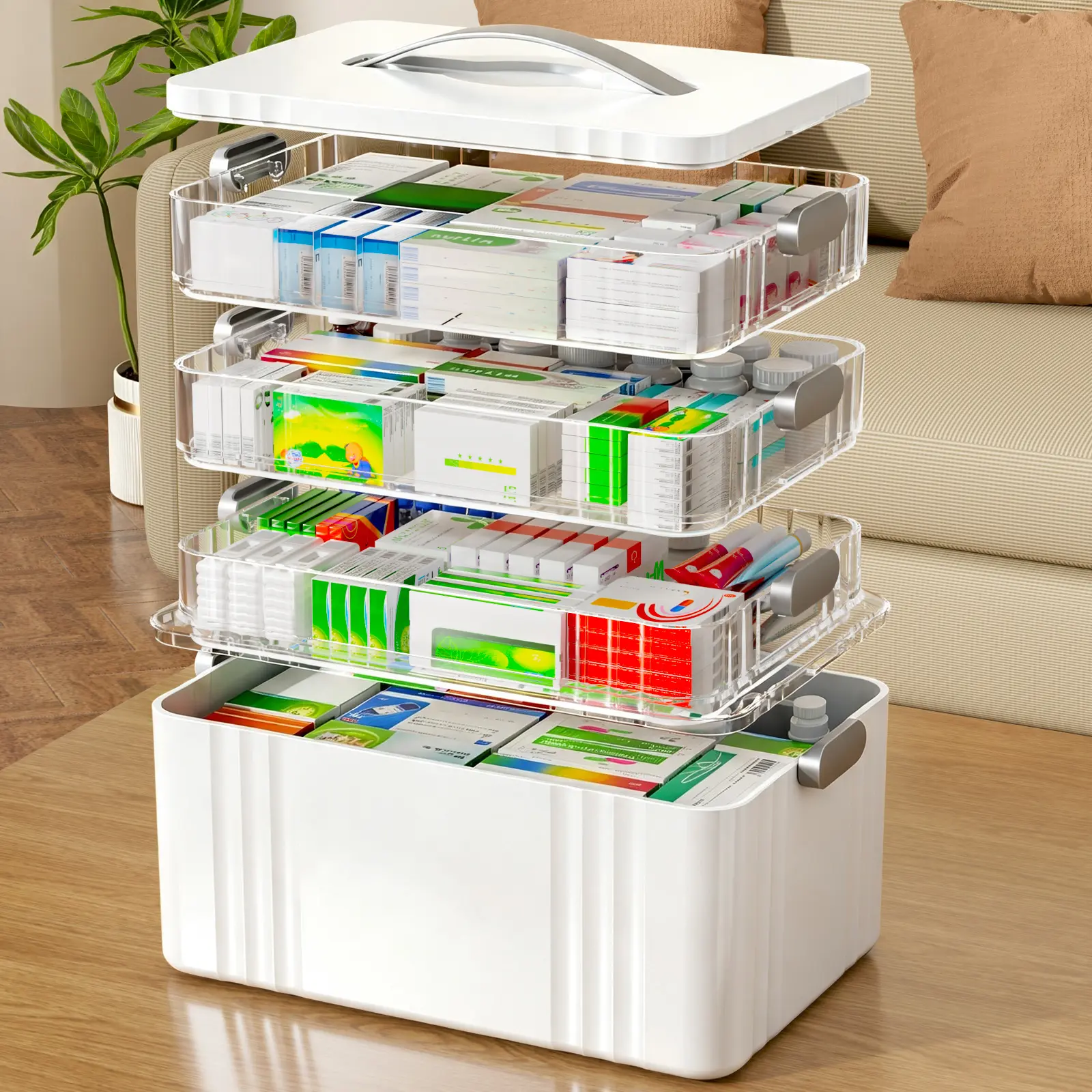 7CODE 4-Tier Medicine Organizer,Portable Medicine Cabinet with Sliding Rail, Integrated Medication Storage Box, Sliding Drug Cabinet, Household First Aid Medicine Box, Large Capacity,Healthcare