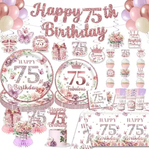 NeoRov 208 Pcs 75th Birthday Decorations For Women Tableware Set - Service 25 Guests - Includes Banner, Cake Topper, Balloons, Plates And Napkins Paper Cup - A Lifetime Worth Celebrating