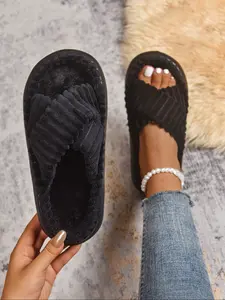 Women's Plush Cross Strap Indoor Slippers, Eva Thick Sole Comfortable Shoes, Lightweight Commuting Slipper for Autumn Winter Seasons