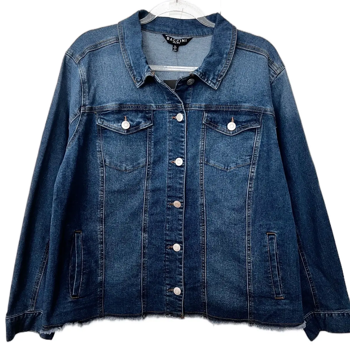 Medium Wash Raw Edge Hem Stretch Denim Jacket Plus Size
