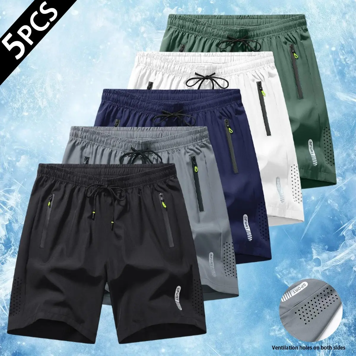 Men's 5-Pack Ice-Silk Activewear Shorts, Breathable Quick-Dry Loose-Fit Polyester Fiber Bottoms with Zipper Pockets & Adjustable Drawstring for Gym, Running, Cold Wash Drawstring Workout Shorts