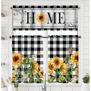 Kitchen Curtains Short and Valance Set Black and White Buffalo Plaid Floral Dining Room Fabric Curtain Drapes Spring Summer Flowers Home Decor