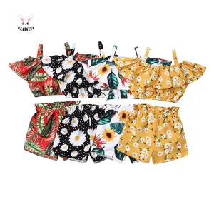 Toddler Girls 2Pcs Outfits Off Shoulder Ruffled Strap Crop Top Elastic Shorts Cotton Blend Daisy Sunflower Print