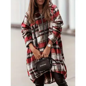 Plaid Pattern Shacket Zipper Design Oversized Longline Casual Hooded Coats with Pockets