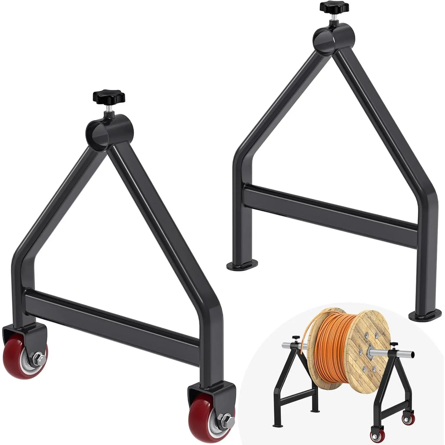 Black Freestanding Wire Spool Rack Dispenser, Portable Cable Caddy with Wheels, Easy to Move Steel Fully Welded Unit, Hand Screws Included, Holds Up to 28" Diameter Spools, 220 lbs Capacity, Black Cable Caddy With Wheels, Non-Slip Pads