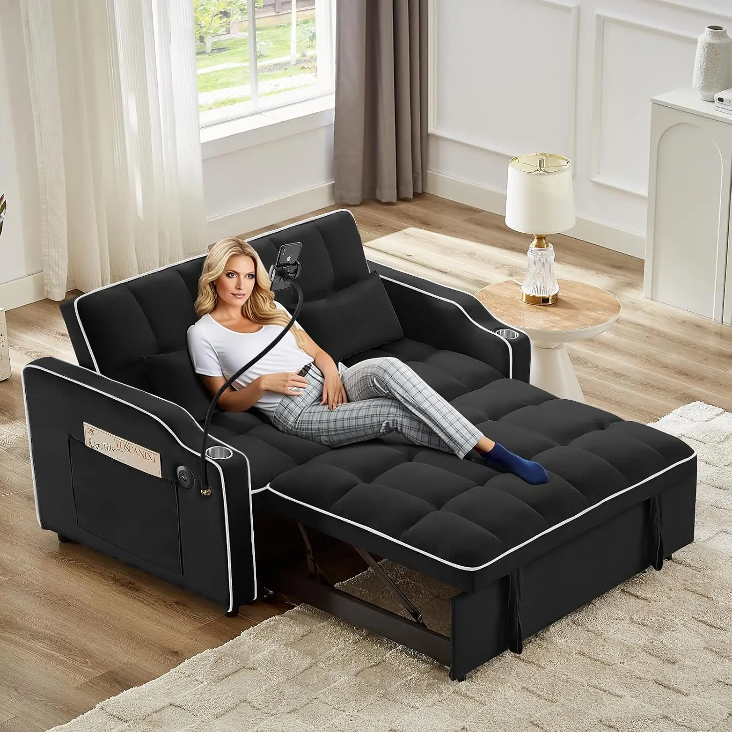 3-in-1 Convertible Velvet Sleeper Sofa Bed, Pull Out Loveseat Futon with USB & Type-C Charging Port, Rotatable Phone Holder, Cup Holders & Side Pockets, Adjustable Backrest for Living Room Bedroom Apartment,Black