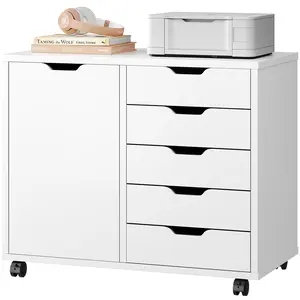 5 Drawer File Cabinet Office Drawers Organizer with Wheels Rolliing, Under Desk Cabinets with Shelves and Door Printer Stand with Wood Board Metal Frame for Home Office Storage Craft Room, White