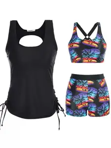 Women's Three-Piece Tankini Set, Casual Fitted Beachwear Swimwear, All-Over Printed Design, Adjustable Straps, Wireless Style, Tankini With Shorts