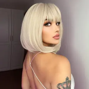 Blonde Bob Wig With Bangs Short Blonde Wig for Women 12 Inch Straight Bob wig with Bangs Synthetic Colorful Cosplay Daily Party Use（Platinum Blonde,12IN）