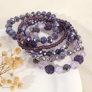 5PCS Fashion Bohemian Crystal Beaded Bracelet for Women, Stackable Glass Bead Elastic Bracelet