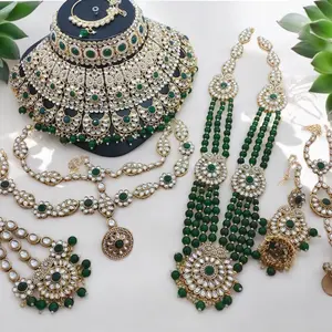 Bridal Kundan Set - 9pcs with Necklace, Nose Pin, Long Necklace, Tikka, Earrings, Chained Finger Rings, and Jhapta for Elegant Bridal Jewellery