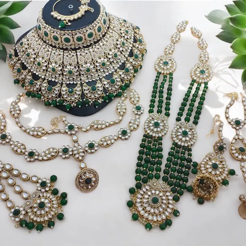 Bridal Kundan Set - 9pcs with Necklace, Nose Pin, Long Necklace, Tikka, Earrings, Chained Finger Rings, and Jhapta for Elegant Bridal Jewellery