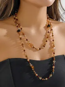 Vintage Bohemian Long Beaded Necklace, Amber Color Handmade Crystal Glass Beads Multi-Layer Sweater Chain, All Seasons Fashion Jewelry
