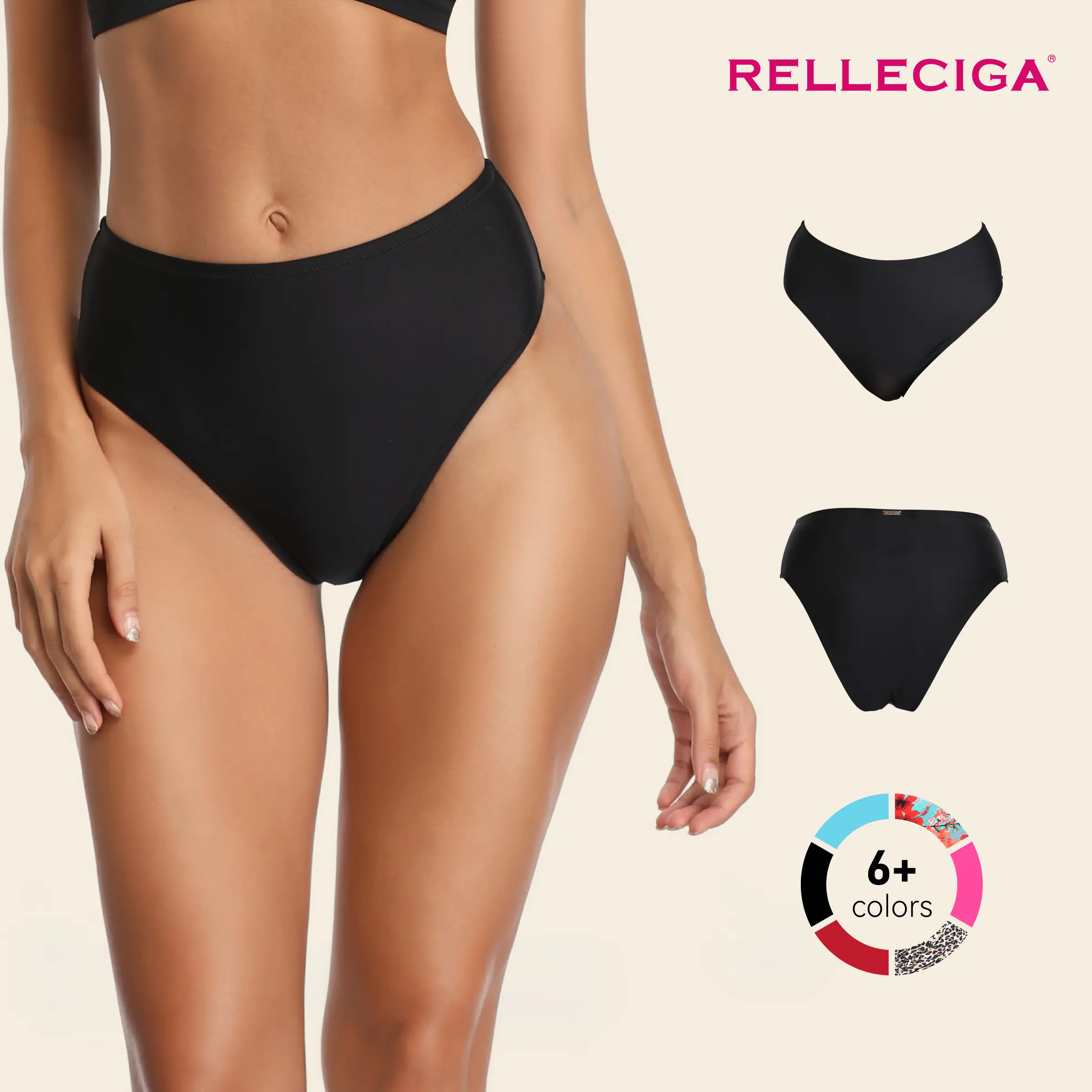 SwimWeek RELLECIGA Women's High-Waisted High-Cut Bikini Briefs - Long Torso Swimsuits Bikinis with Comfortable Elastic Fabric, Cheeky Seat Coverage