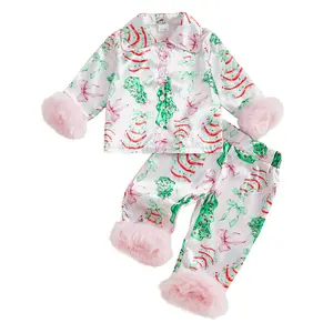 Toddler Baby Girl Christmas Satin Pajamas Set Fleece Trim Candy Can Tree Sleep Shirt Tops Pants Sleepwear Loungewear
