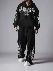 Loose Casual Set - Gothic Metal Style "Thorn Print" Hoodie and Tracksuit Pants Set Streetwear Tracksuit Set