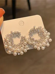 Faux Pearl & Rhinestone Decorated C-shaped Earrings, Elegant Jewelry for Women & Girls, Trendy All-match & Exquisite Pearl Embellished Jewelry for Birthday Gift