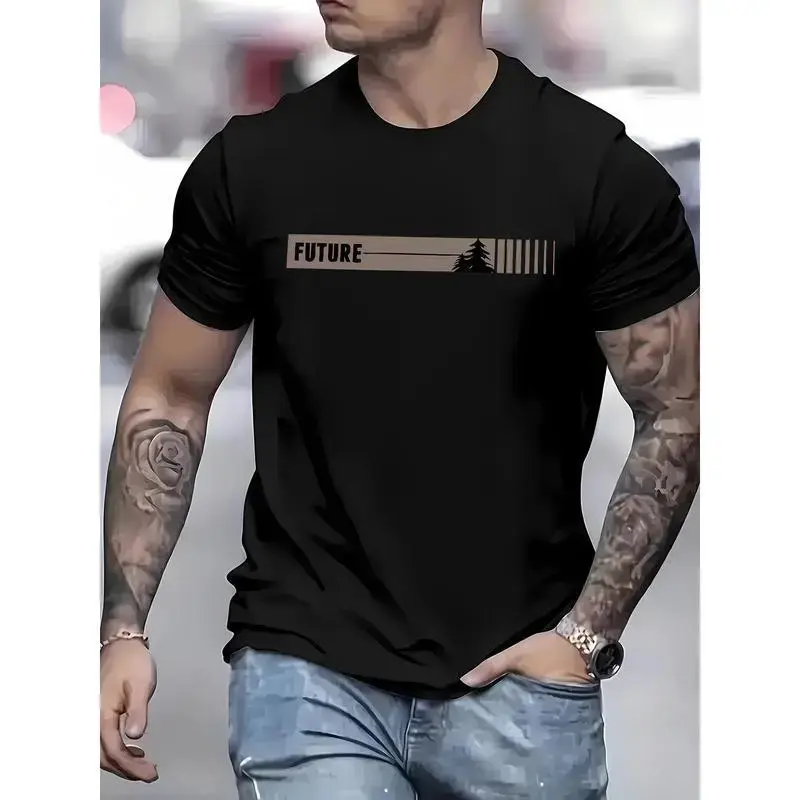 Men's "FUTURE" Graphic T-shirt, Casual Short Sleeve Round Neck Top, Soft Regular Fit Knit Fabric for Summer Menswear, Tshirt, Shortsleeve, Streetwear, Classic, Digital Print, Cotton, Crew Neck