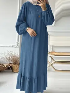 New Muslim Women's Ruffle Hem Long Robe for Spring & Autumn, Vintage Fashion Solid Color Long Sleeve Dress, Elegant Casual Wear