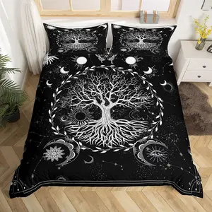 Tree of Life Duvet Cover,Sun and Moon Print Black and White Quilt Cover Butterfly Moth Bedspread Cover,No Comforter