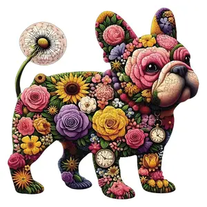 Adult Wooden Puzzle, Wooden Handmade Puzzle, Colorful Floral Bulldog Jigsaw, Unique Irregular Animal Shape Wood Puzzle, Perfect Holiday Gift, Modern Art Home Decor, Jigsaw Puzzles