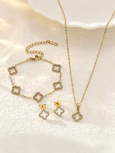 3Pcs Gold Plated CZ Openwork Clover Jewelry Set, Dainty Paved CZ Quatrefoil Necklace Bracelet Earrings Combo, Fashion Jewelry Gift for Her