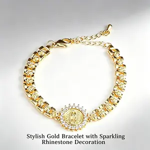 18K Gold Plated Virgin Mary Medallion Bracelet - Gold Rhinestone Crystal Chain, Religious Costume Jewelry, Stylish Statement Piece for Everyday Wear, Valentine’s Day Unisex Accessory