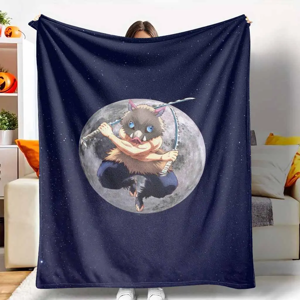 Boar Warrior & Moon Anime Art Flannel Cozy Throw Blanket - Otaku Target, Super Soft, Warm Aesthetic, Anti-Pilling, Lightweight, Durable, Multi-Size Soft Bedding Throw, Decorative Blankets for Sofa Bed Home Use, Fluffy Cozy Blankets