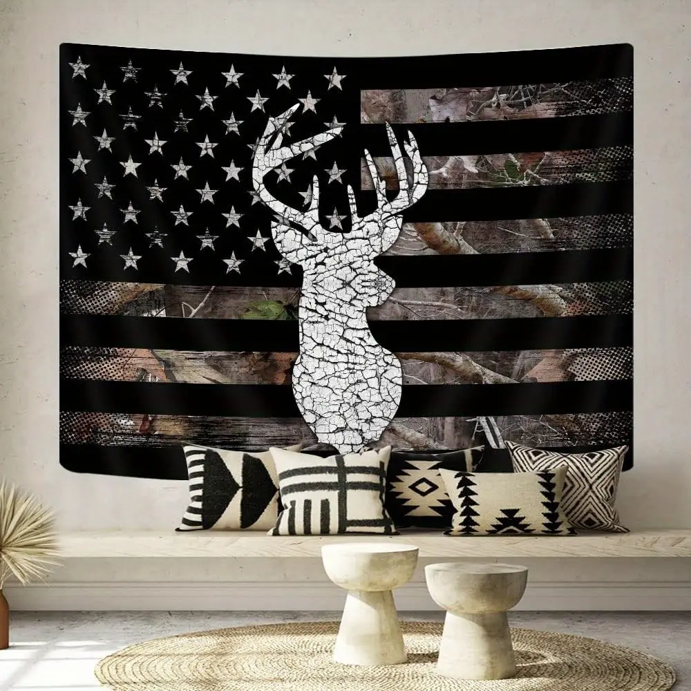 Western Tapestry Black White American Flag, Country Deer Hunting Camo Tapestries for Men Guys Room Decor, Tapestry Wall Hanging Poster Blanket College Dorm Cool Indie Room