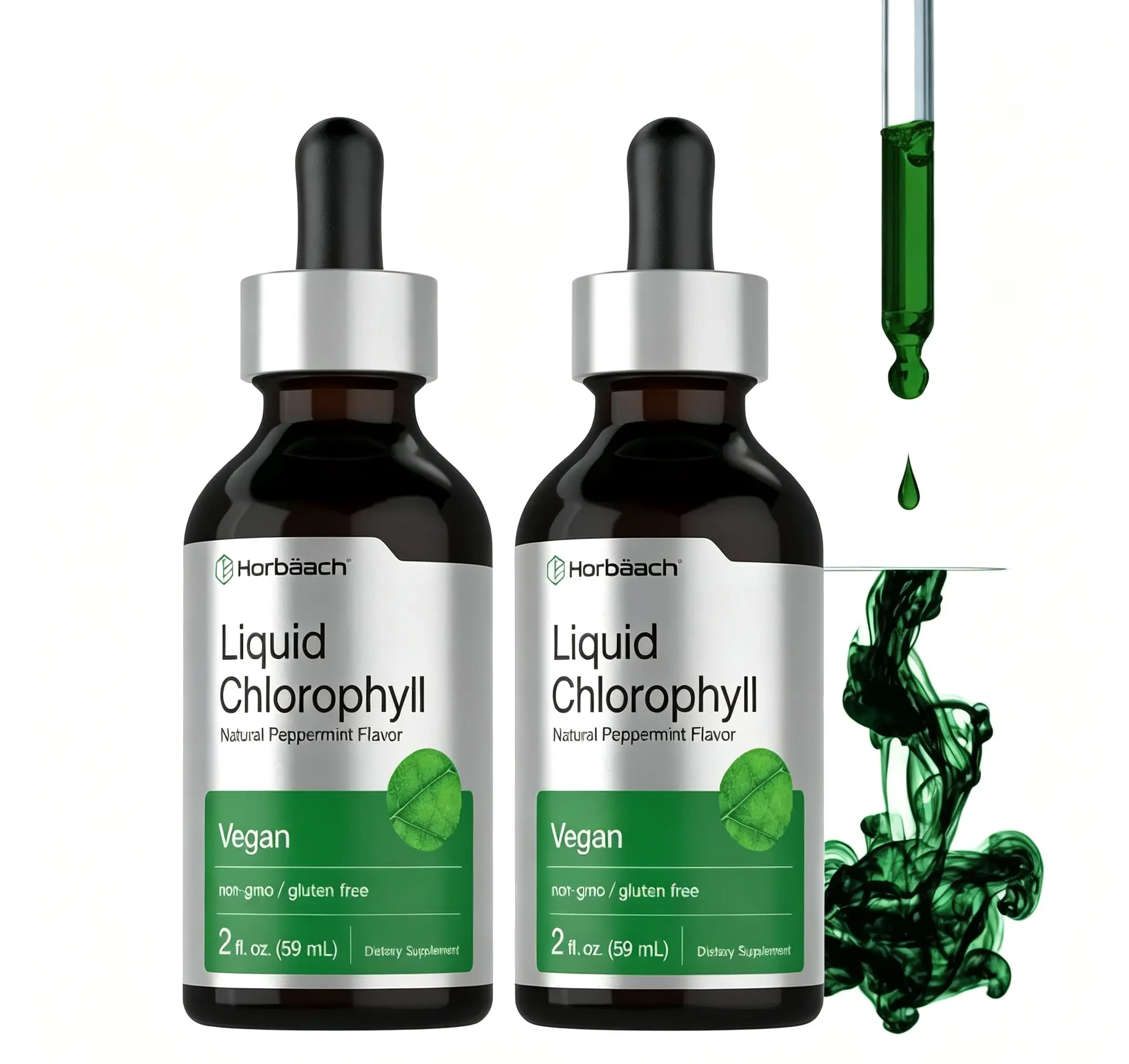 Horbäach Liquid Chlorophyll Drops - 2 oz - Vegan, Non-GMO, and Gluten Free Formula - Natural Peppermint Flavor