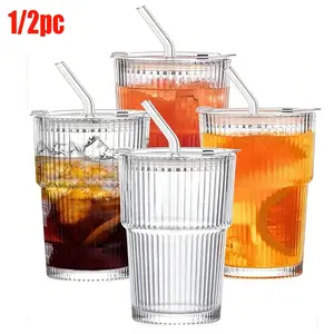 Large Capacity Covered Straw Glass Set, Perfect for Beer, Iced Coffee, Juice, Cocktails, Iced Tea, Bar Drinks, Whiskey, Durable & Reusable