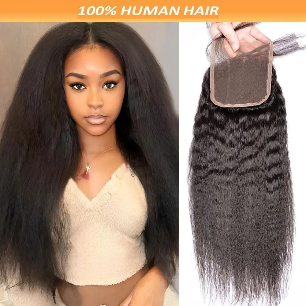 Wholesale New Arrival Female Brazilian Human Hair 4x4 Yaki Kinky Straight Lace Closure - Partable, Natural Color, 4*4 Lace Area, 150g, Yaki Straight, 4X4 Lace Area