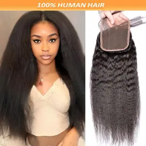 Wholesale NEW Arrived 4X4 Yaki Straight Lace Closure, Brazilian Human Hair, Kinky Straight, Part, Natural Color, for Women, Real Hair, 4*4 Lace Area, 150g/