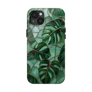 Monstera Leaf Stained Glass Phone Case, Art Deco Botanical Aesthetic Cover, iPhone 17 16 15 14 13 12 11 Pro Max