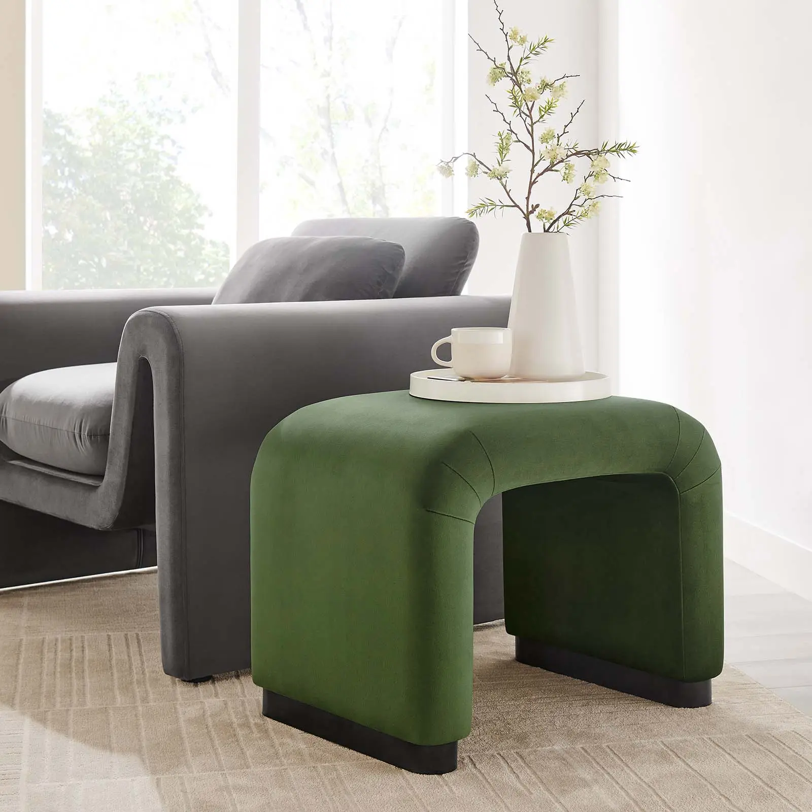 Modway Koda Backless Upholstered Stool - Performance Velvet, Waterfall Design, Black Moss Green, 331 lbs Capacity, Comfortable Experience, Assembly Required, Living Room Indoor Furniture Footstool, Foot Rest Stool, Living Room Use