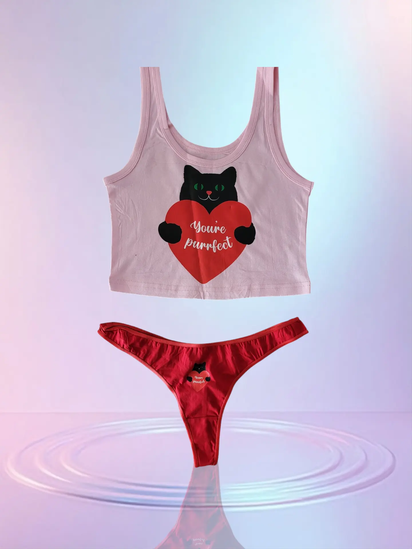 Tank and Thong You're Perfect - Pink Cat Heart Design Set for Women Soft Pink Color Coordinated Stylish Outfit Ideal for Casual Wear